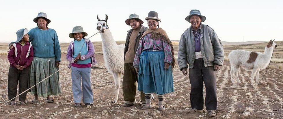 Sechsköpfige Familie in den Anden mit zwei Lamas.